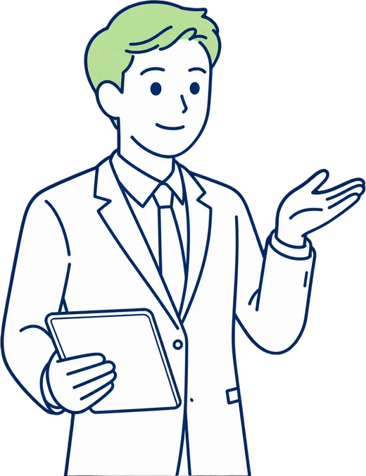 見積書を手で示して説明するビジネスマンのイラスト